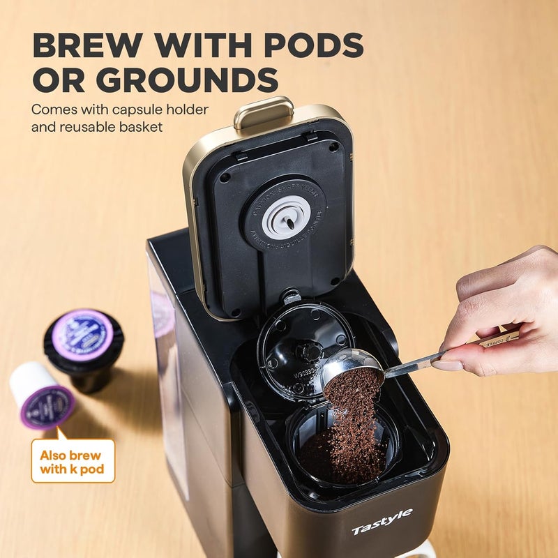 Tastyle Single Serve Coffee Maker, Iced and Hot Coffee Machine for K Cup & Grounds, Compact Design, 40oz Removable Water Reservoir, 6 to 24 Oz Brew Sizes, Fits 7.3" Travel Mug, Black+Gold - Image 3